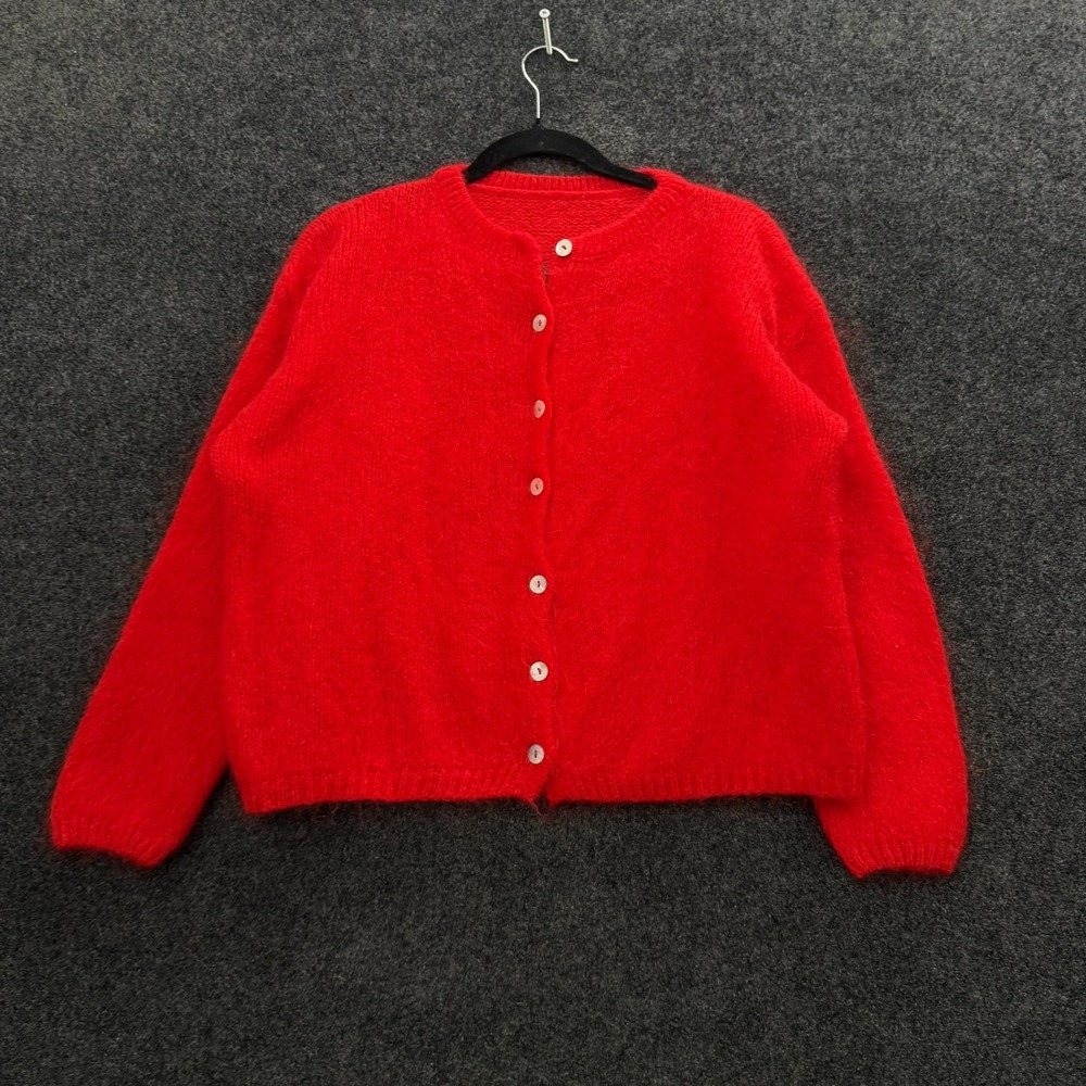 Vintage Red Mohair Wool Cardigan Sweater Women Medium Soft Fuzzy Knit Crew Neck